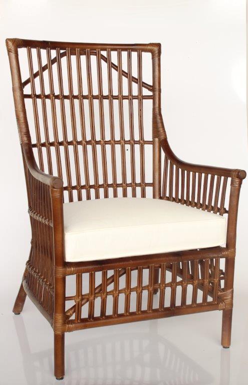 Brown Rattan Highback Chair With Natural Seat Cushion